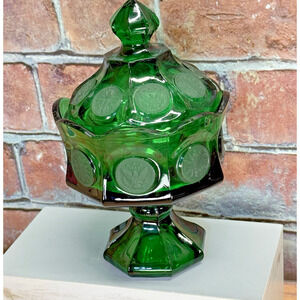 Fostoria Glass Emerald Green Coin Dot 8 1/2" Wedding Bowl Covered Candy Jar Lid‎